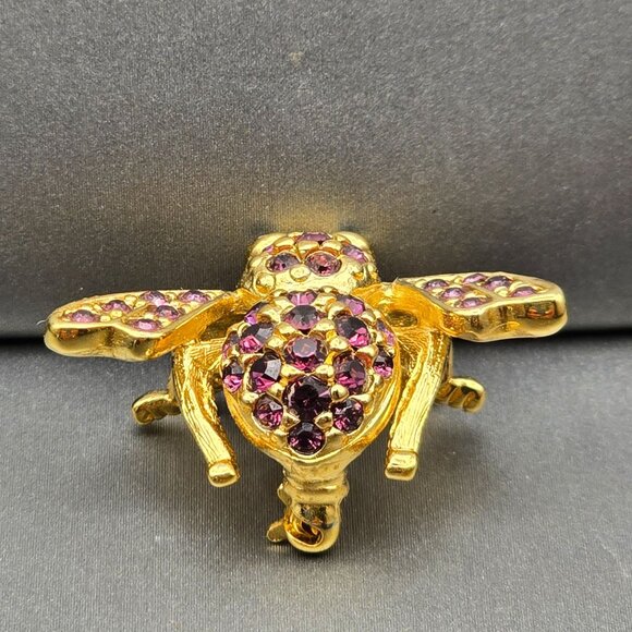 VTG Joan Rivers Bee Brooch 1.25" Purple Rhinestones Blue Eyes Gold-Plated Signed - Picture 4 of 9